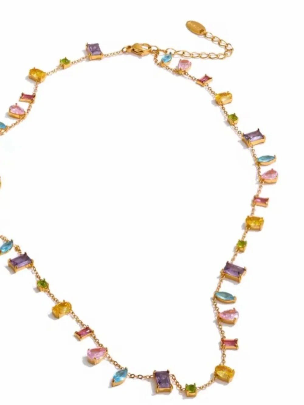 Gold plated Multigemstone Station Necklace — Purple, Pink, Blue & Yellow